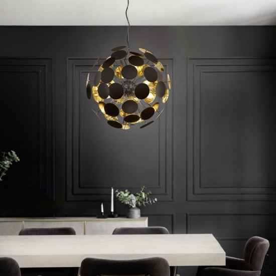 Lampadario moderno per salotto a sospensione rotondo nero opaco oro