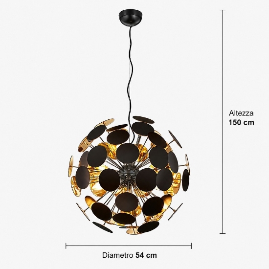Lampadario moderno per salotto a sospensione rotondo nero opaco oro