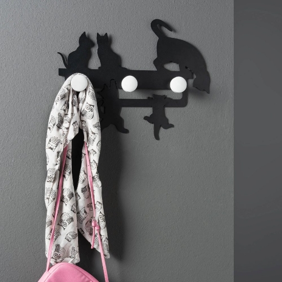 Appendiabiti da parete moderno nero design gatti con 3 pomelli