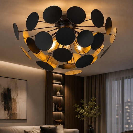 Plafoniera rotonda moderna nero oro 54cm per salotto