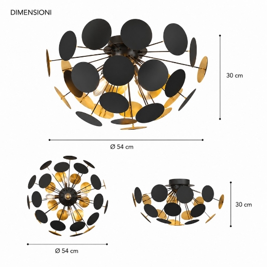 Plafoniera rotonda moderna nero oro 54cm per salotto