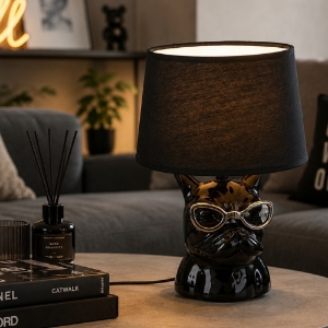 Lampada da tavolo bulldog nera design paralume tessuto