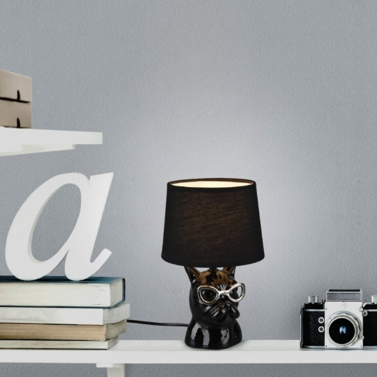 Lampada da tavolo bulldog nera design paralume tessuto