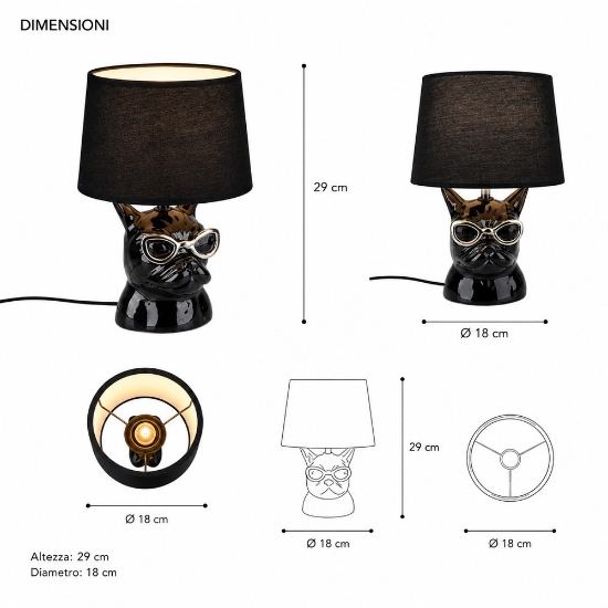 Lampada da tavolo bulldog nera design paralume tessuto