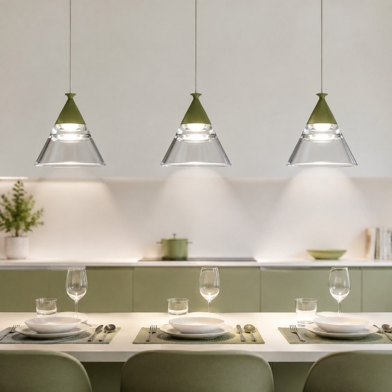 Lampadario a sospensione conico moderno verde salvia per cucina led 21w cct 3000k 4000k