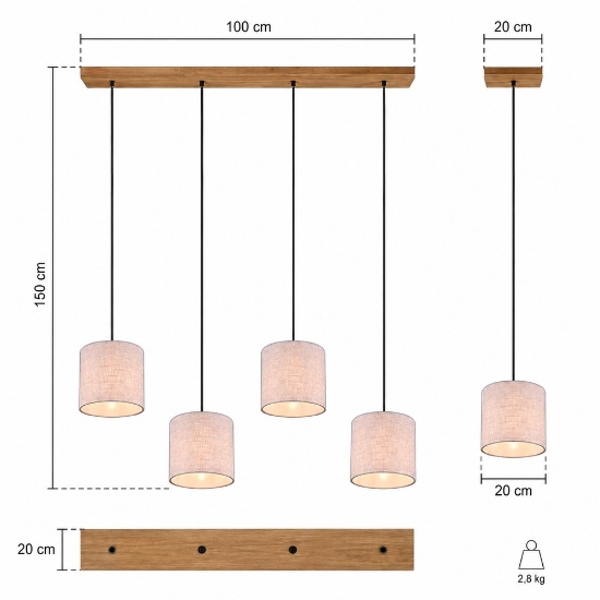 Lampadario sabbia legno con 4 luci per cucina