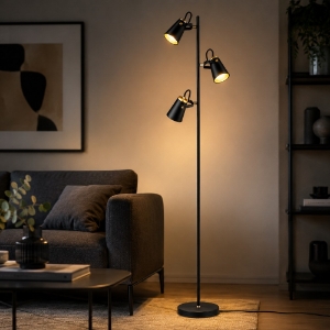 Piantana terra moderna nera con 3 luci orientabili