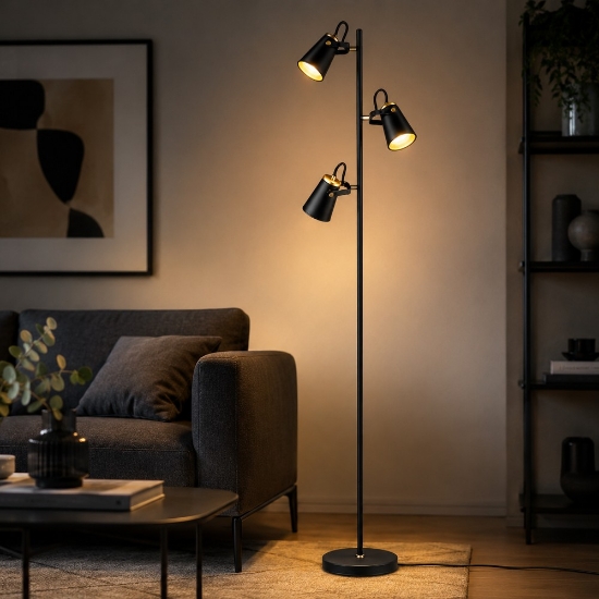 Piantana terra moderna nera con 3 luci orientabili