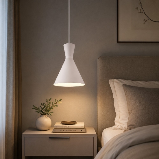 Lampada a sospensione per comodino cono bianco opaco