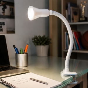 Lampada da scrivania moderna a morsetto bianca orientabile