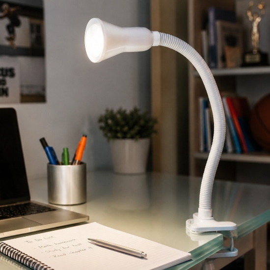 Lampada da scrivania moderna a morsetto bianca orientabile