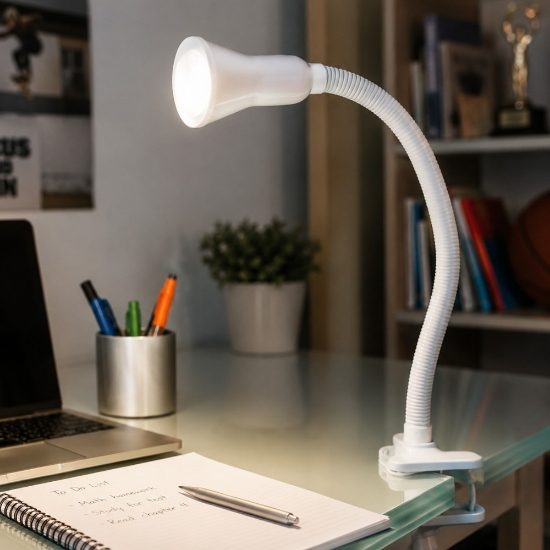 Lampada da scrivania moderna a morsetto bianca orientabile