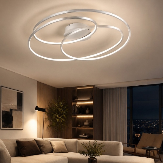 Plafoniera moderna cerchi concentrici nichel opaco led 50w 3000k dimmerabile 80cm