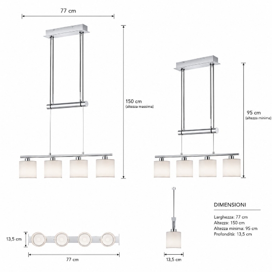 Lampadario per tavolo da pranzo a sospensione grigio con 4 luci