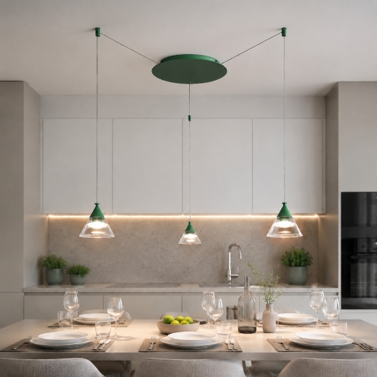 Lampadario a sospensione per cucina moderno conico verde bosco led 21w cct 3000k 4000k 3 luci