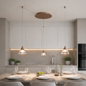 Lampadario per cucina moderno a sospensione conico sabbia led 21w cct 3000k 4000k 3 luci