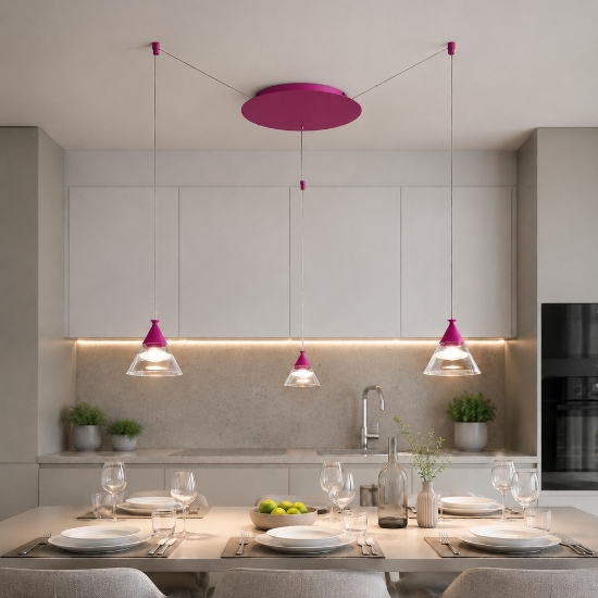 Lampadario a sospensione moderno per cucina conico magenta led 21w cct 3000k 4000k 3 luci