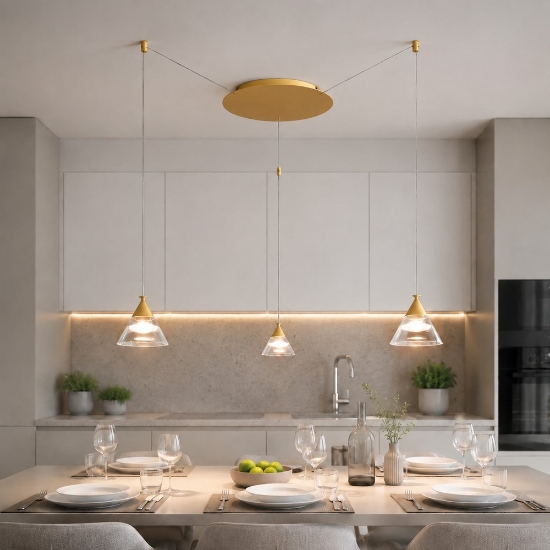 Lampadario conico moderno a sospensione oro opaco per cucina led 21w cct 3000k 4000k 3 luci
