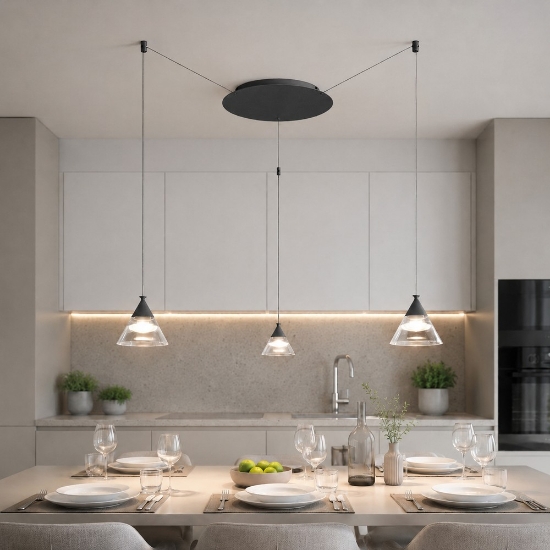 Lampadario a sospensione per cucina moderno conico nero led 21w cct 3000k 4000k 3 luci