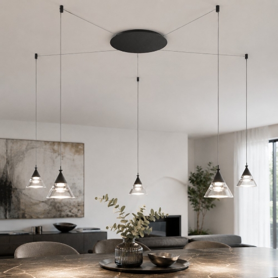 Lampadario moderno conico antracite a sospensione led 35w cct 3000k 4000k 5 luci