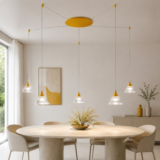 Lampadario led 35w cct 3000k 4000k 5 luci moderno a sospensione conico giallo girasole