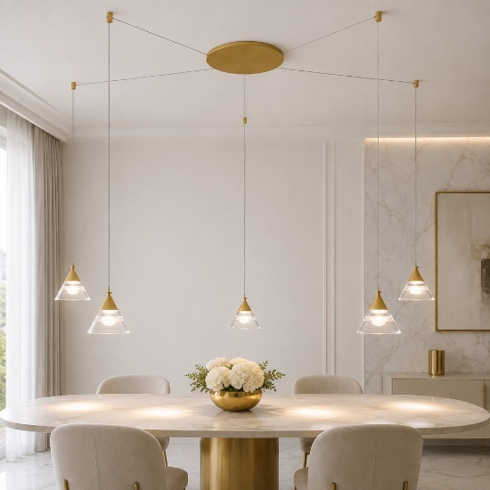 Lampadario conico moderno a sospensione oro opaco led 35w cct 3000k 4000k 5 luci