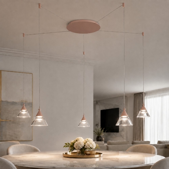 Lampadario a sospensione conico moderno pesca led 35w cct 3000k 4000k 5 luci