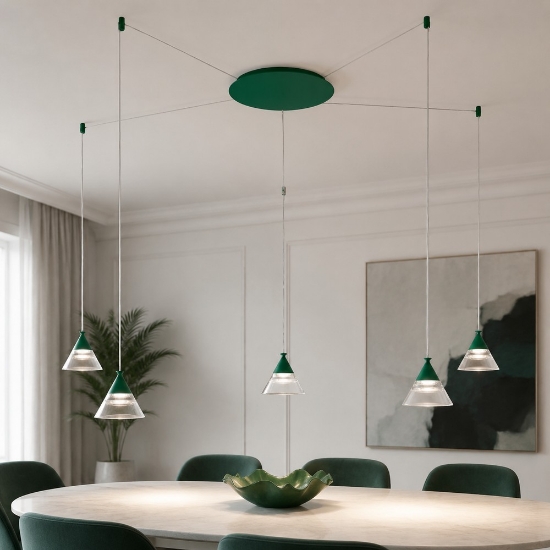 Lampadario a sospensione moderno conico verde bosco led 35w cct 3000k 4000k 5 luci