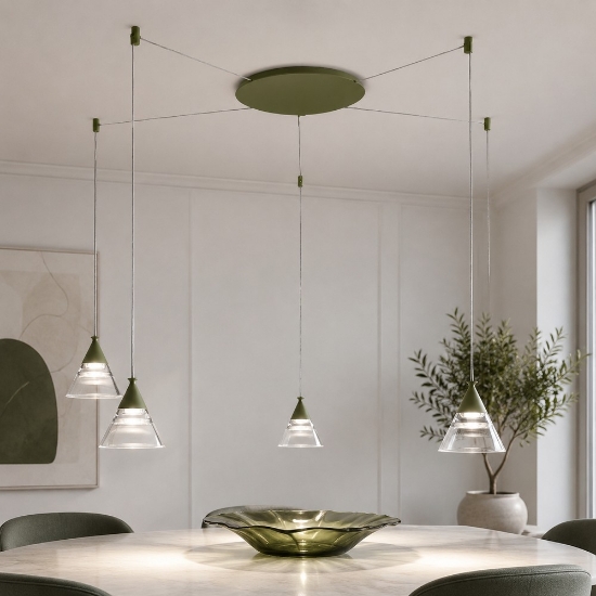 Lampadario led 35w cct 3000k 4000k a sospensione moderno conico verde oliva 5 luci