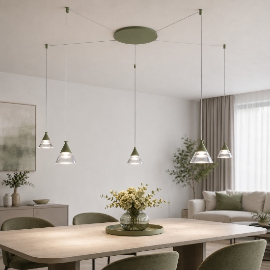 Lampadario a sospensione led 35w cct 3000k 4000k moderno conico verde salvia 5 luci
