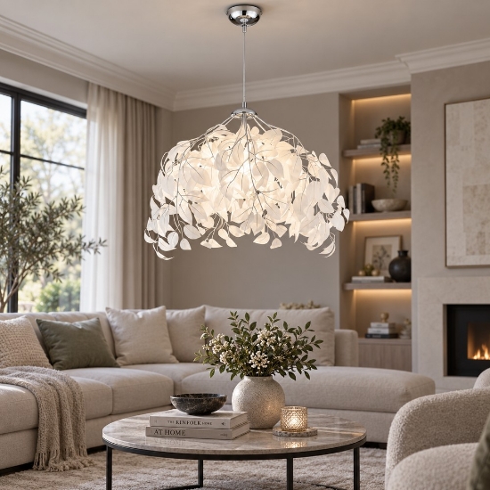 Lampada a sospensione cromo design foglie per soggiorno