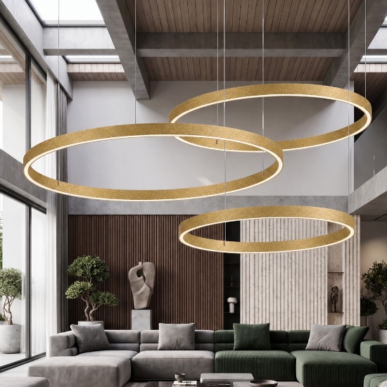 Lampadario moderno oro satinato 3 anelli 80-100-120 cm led 300w cct 3000k 4000k