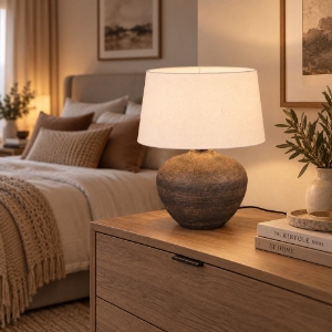 Lampada per comò camera da letto marrone paralume tessuto