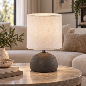 Lampada da tavolo semisferica marrone paralume tessuto