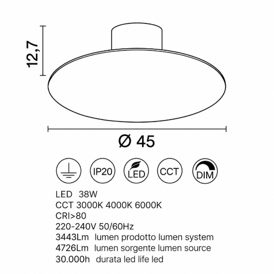 Perenz plafoniera nebula per cucina moderna bianca led 38w cct 3000k 4000k 6000k