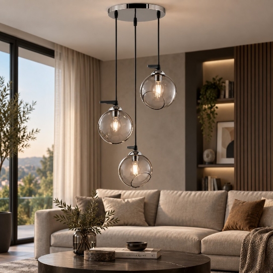 Lampadario moderno vetro trasparente fume cromo