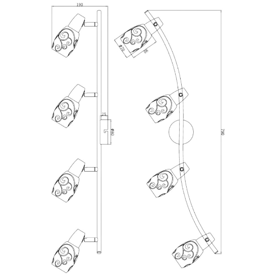 Plafoniera con 4 spot lineare nichel opaco orientabili