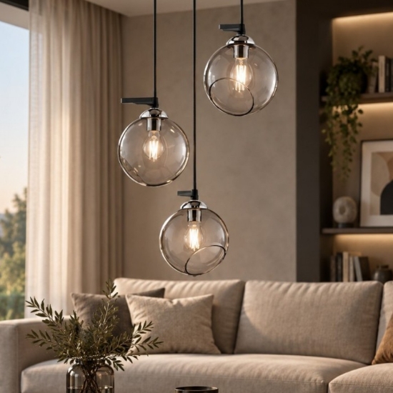 Lampadario moderno vetro trasparente fume cromo