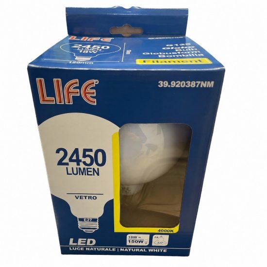 Lampadina life e27 led 18w 4000k 2450lm globo vetro bianco milky