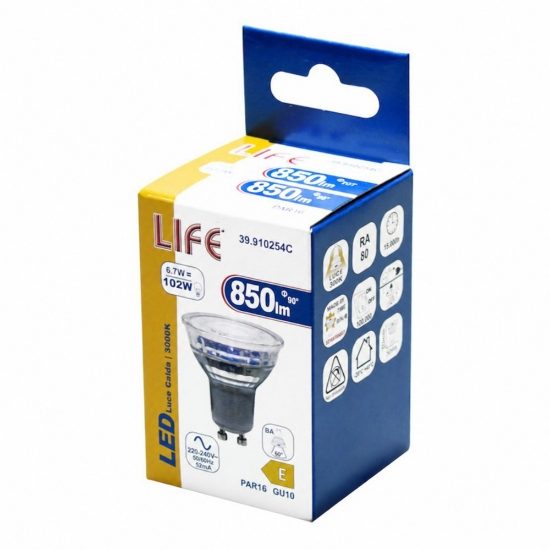 Life lampadina di vetro gu10 led 6,7w 3000k ottica 60 850lm