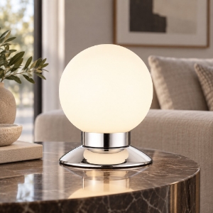 Lampada da tavolo per salotto sferica cromo lucido vetro led 3w 3000k