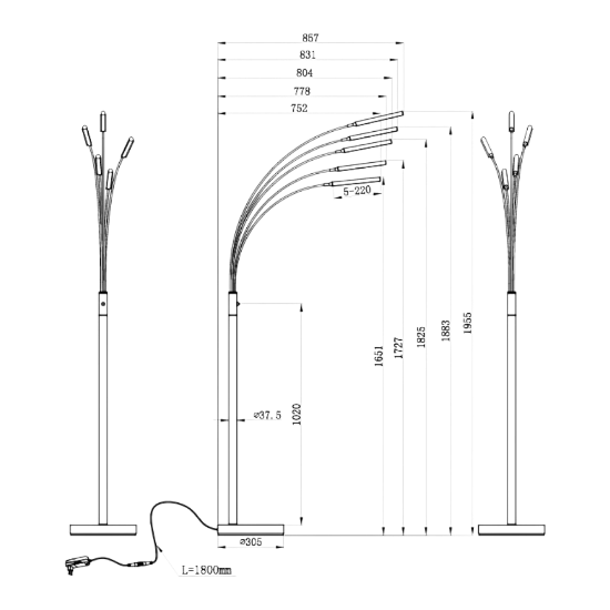 Piantana ad arco design moderno nero opaco led 3.5w 3000k dimmerabile