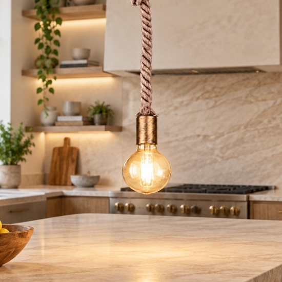 Lampada a sospensione per isola cucina corda ottone invecchiato