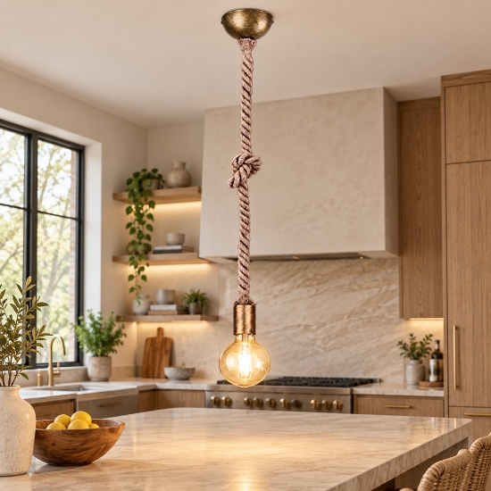 Lampada a sospensione per isola cucina corda ottone invecchiato