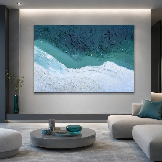 Quadro astratto moderno confine acqua materico a rilievo 80x120 cm