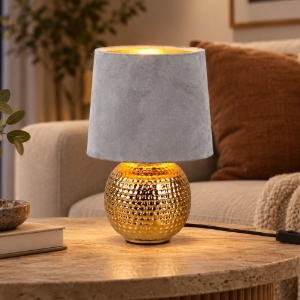 Lampada da tavolo elegante base oro  paralume velluto grigio