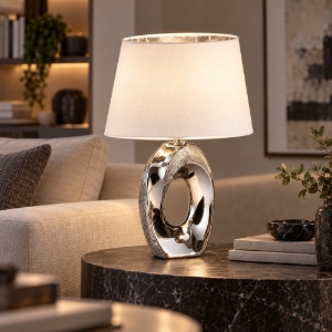 Lampada da tavolo elegante argento paralume bianco