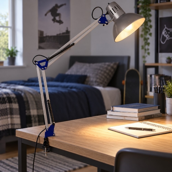 Lampada a morsetto da scrivania stanza ragazzo orientabile blu
