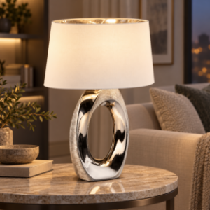 Lampada da tavolo per salotto contemporaneo argento paralume tessuto