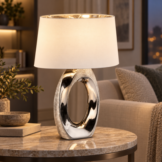 Lampada da tavolo per salotto contemporaneo argento paralume tessuto